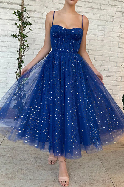 Blue Tulle Short A-Line Prom Dress Cute Spaghetti Strap Homecoming Party Dress