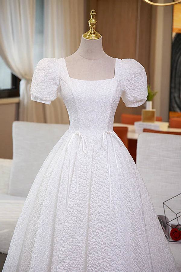 White A-Line Homecoming Dress Cute Short Sleeve Evening Dress