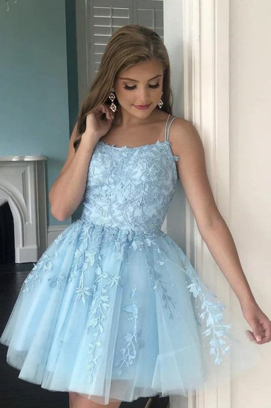 Blue Lace Short Prom Dress Cute A-Line Homecoming Party Dress