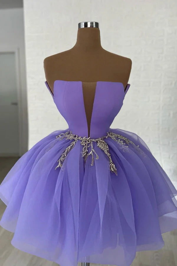 Purple Tulle Sequins Short A-Line Prom Dress Cute Homecoming Party Dress