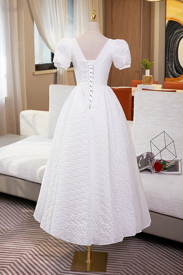 White A-Line Homecoming Dress Cute Short Sleeve Evening Dress