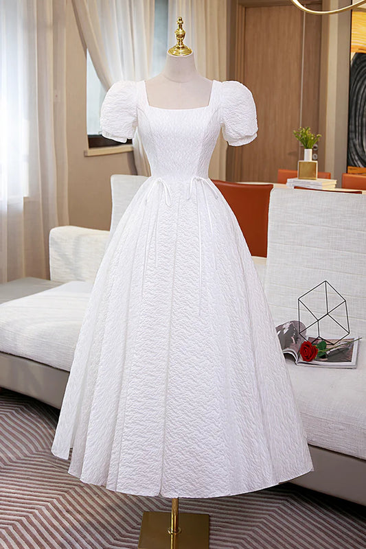 White A-Line Homecoming Dress Cute Short Sleeve Evening Dress