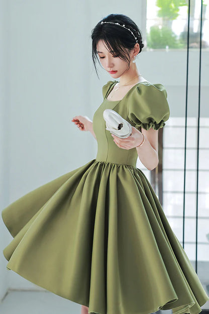 Green Satin Short A-Line Prom Dress Cute Short Sleeve Homecoming Dress