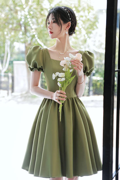 Green Satin Short A-Line Prom Dress Cute Short Sleeve Homecoming Dress