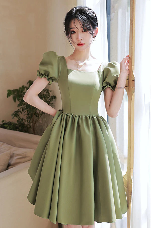 Green Satin Short A-Line Prom Dress Cute Short Sleeve Homecoming Dress