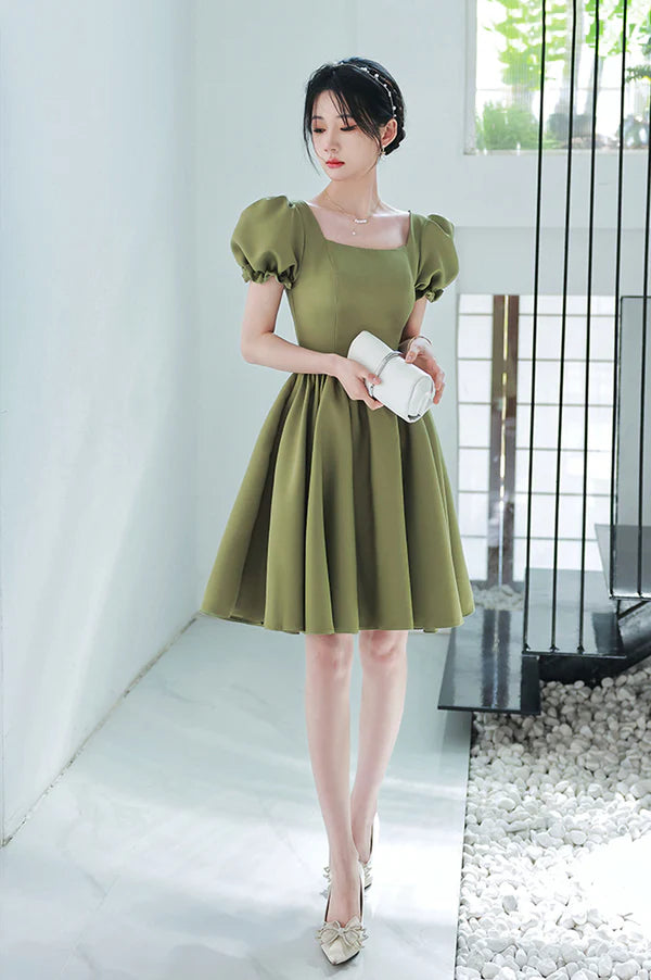 Green Satin Short A-Line Prom Dress Cute Short Sleeve Homecoming Dress