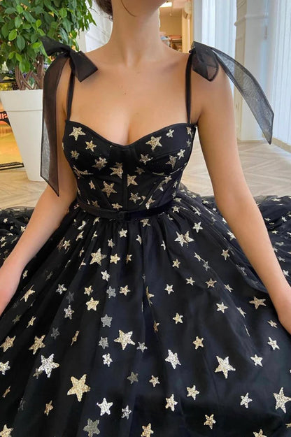 Black Tulle Sequins Short Prom Dress Cute Black Evening Party Dress