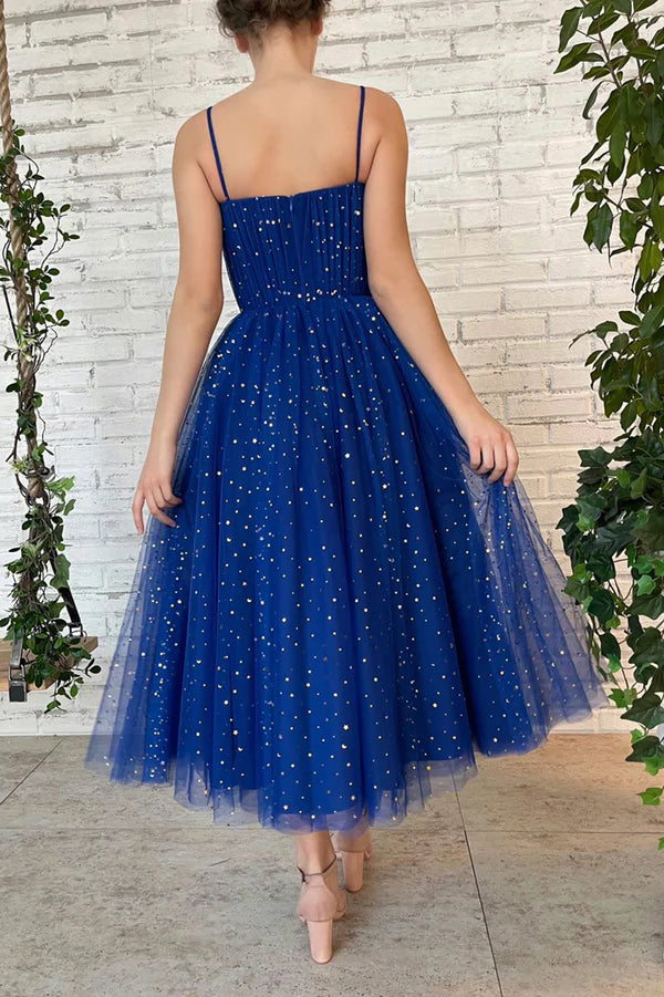 Blue Tulle Short A-Line Prom Dress Cute Spaghetti Strap Homecoming Party Dress