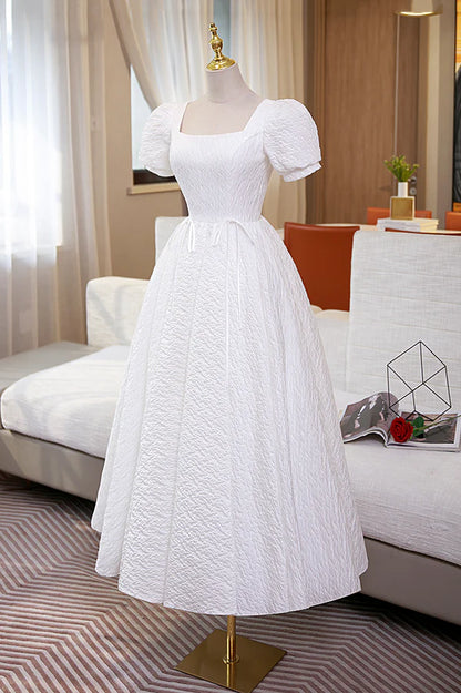 White A-Line Homecoming Dress Cute Short Sleeve Evening Dress