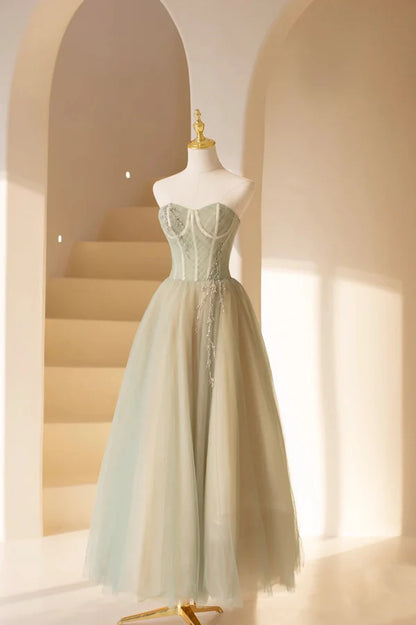 Cute Tulle Tea Length Prom Dress Green A-Line Strapless Evening Party Dress