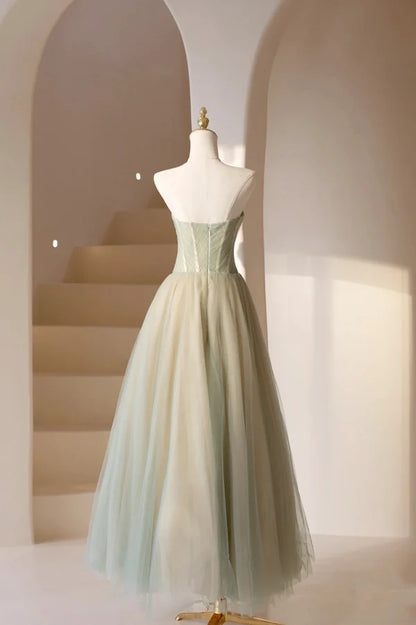 Cute Tulle Tea Length Prom Dress Green A-Line Strapless Evening Party Dress