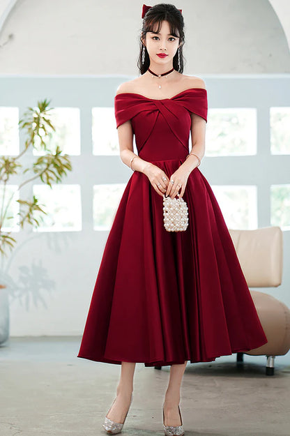 Burgundy Satin Short A-Line Prom Dress Off the Shoulder Homecoming Party Dress