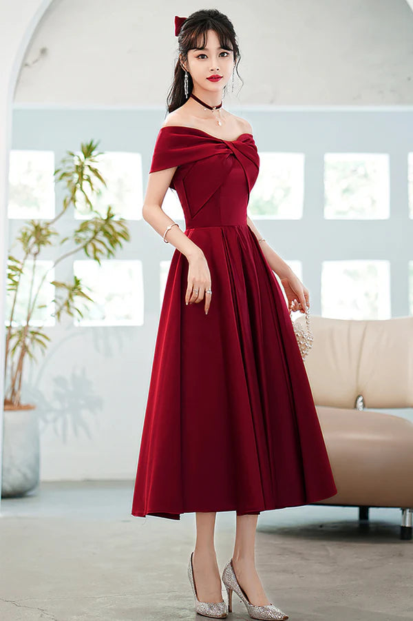 Burgundy Satin Short A-Line Prom Dress Off the Shoulder Homecoming Party Dress