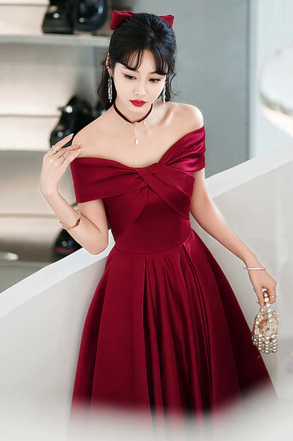 Burgundy Satin Short A-Line Prom Dress Off the Shoulder Homecoming Party Dress