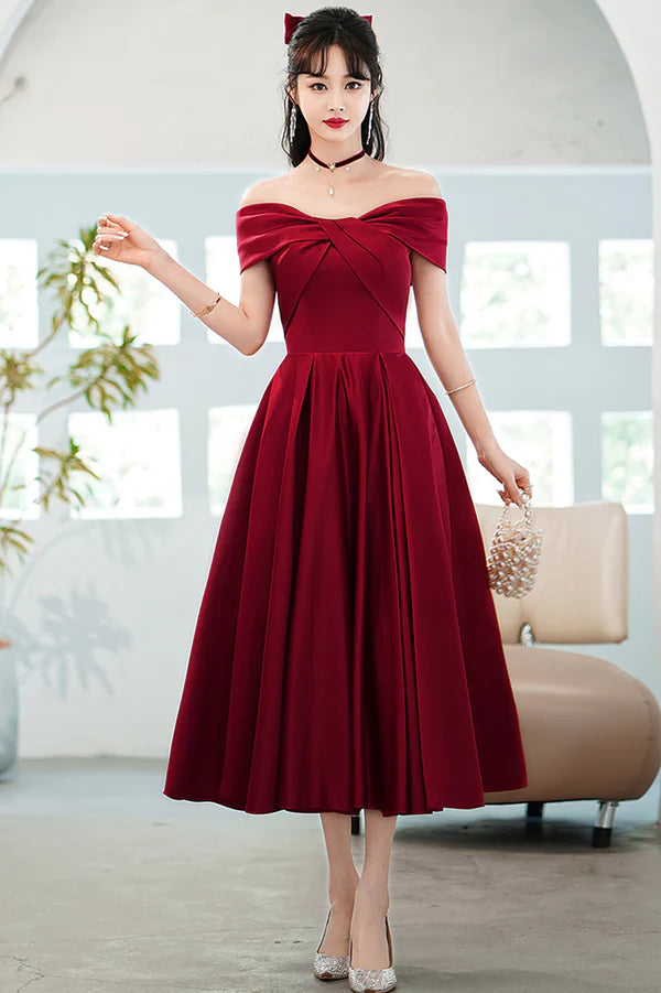 Burgundy Satin Short A-Line Prom Dress Off the Shoulder Homecoming Party Dress