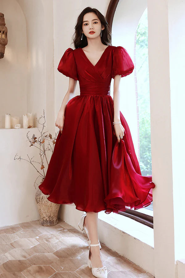 Burgundy V-Neck Short A-Line Prom Dress Burgundy Short Sleeve Party Dress