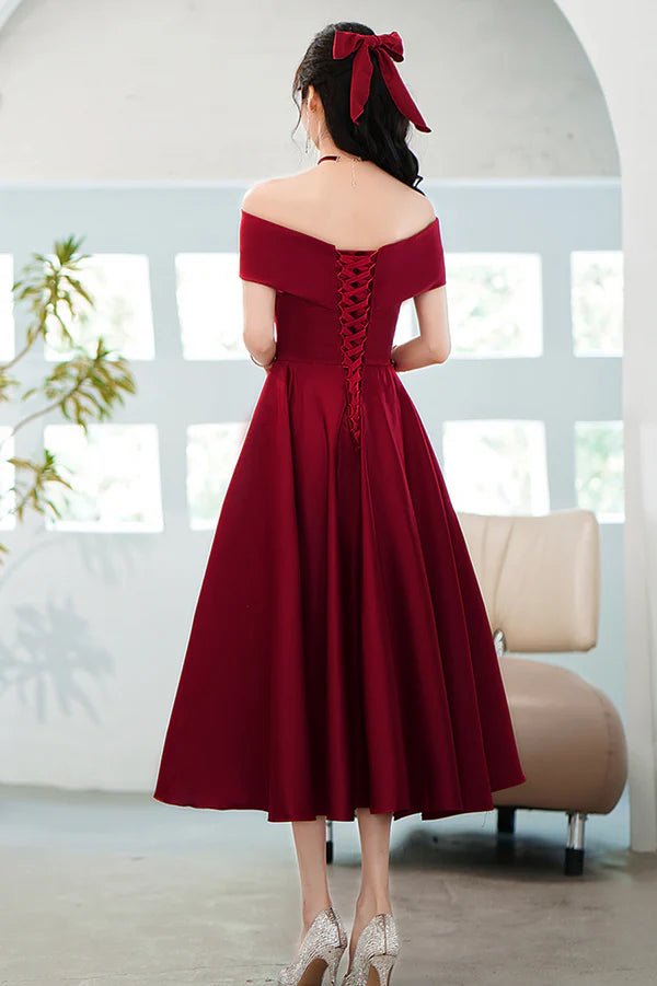 Burgundy Satin Short A-Line Prom Dress Off the Shoulder Homecoming Party Dress