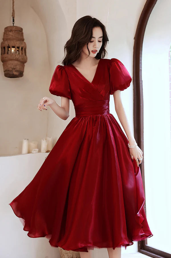 Burgundy V-Neck Short A-Line Prom Dress Burgundy Short Sleeve Party Dress