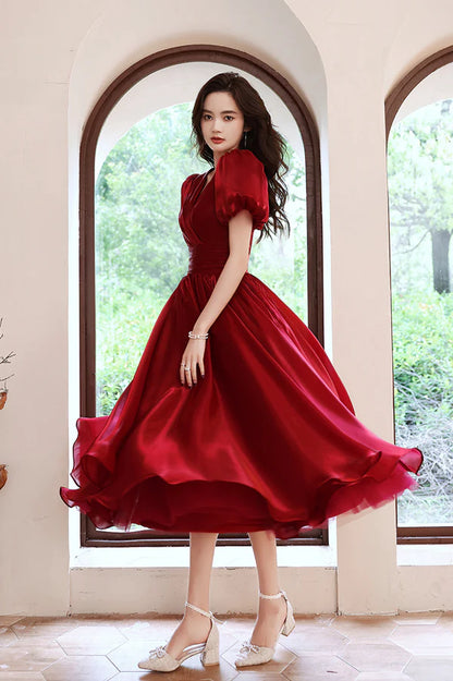 Burgundy V-Neck Short A-Line Prom Dress Burgundy Short Sleeve Party Dress