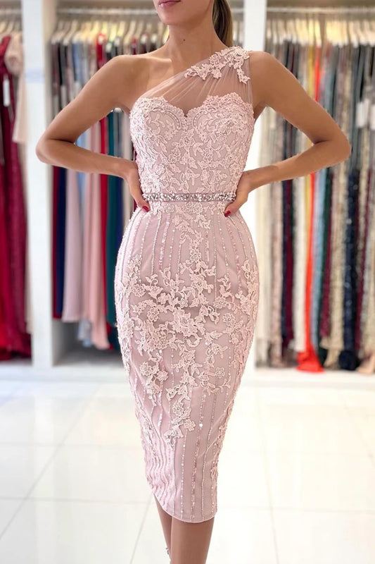 Pink Lace One Shoulder Prom Dress Cute Homecoming Party Dress