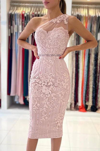 Pink Lace One Shoulder Prom Dress Cute Homecoming Party Dress