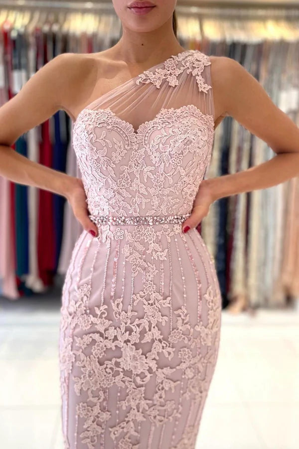 Pink Lace One Shoulder Prom Dress Cute Homecoming Party Dress