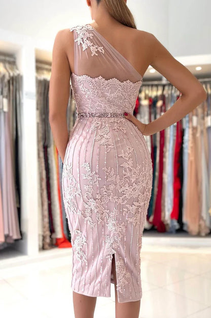 Pink Lace One Shoulder Prom Dress Cute Homecoming Party Dress