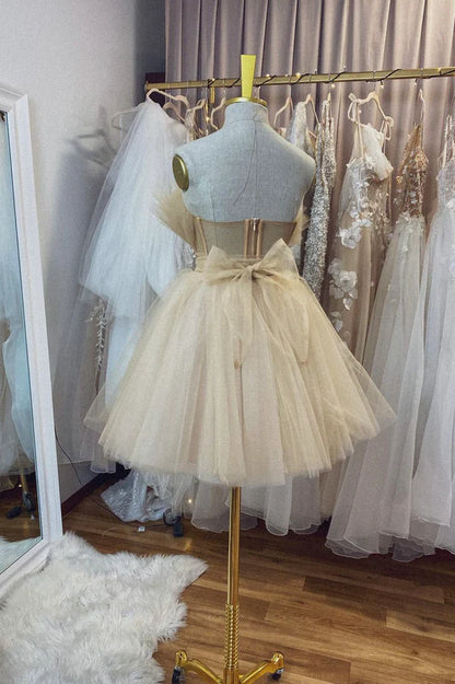 Champagne Tulle Short A-Line Prom Dress Lovely Strapless Party Dress