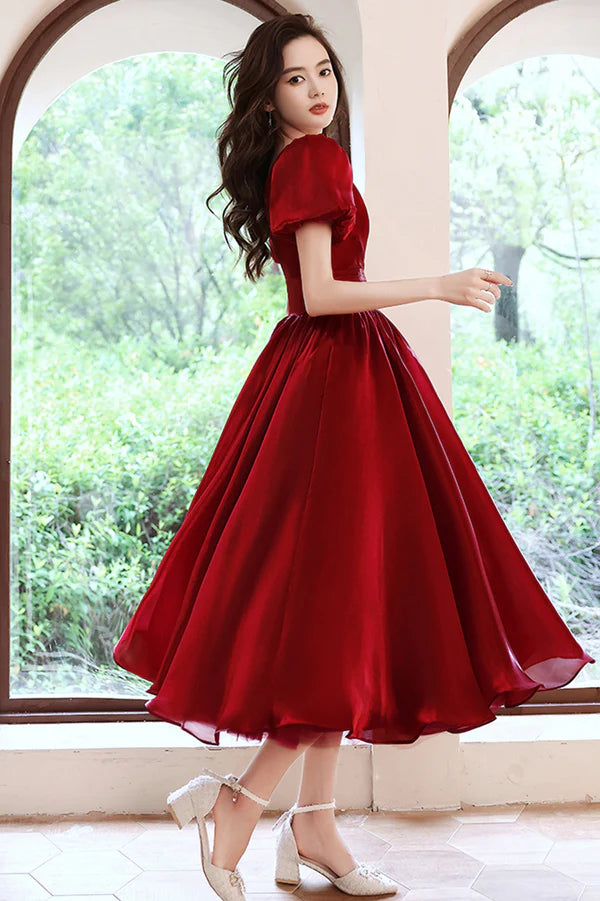 Burgundy V-Neck Short A-Line Prom Dress Burgundy Short Sleeve Party Dress