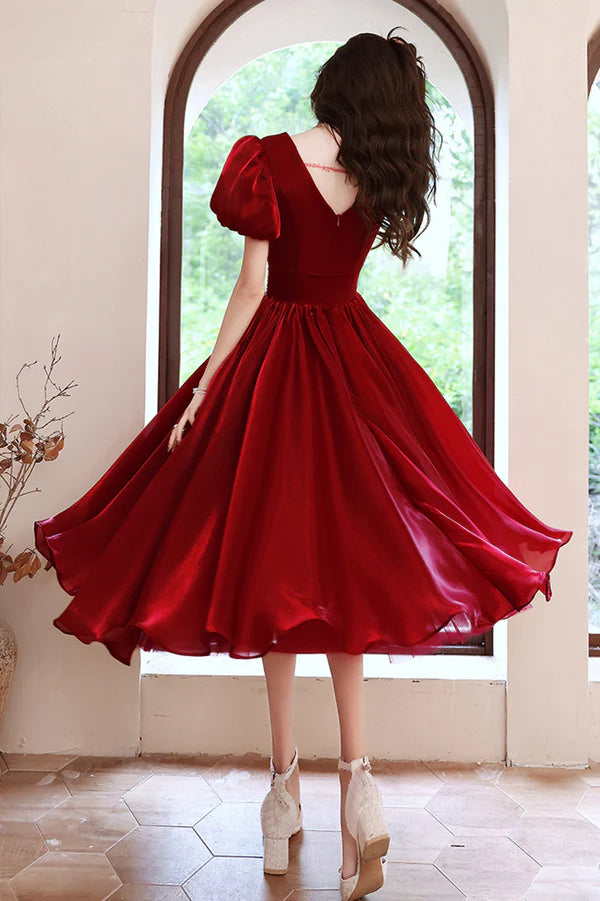 Burgundy V-Neck Short A-Line Prom Dress Burgundy Short Sleeve Party Dress