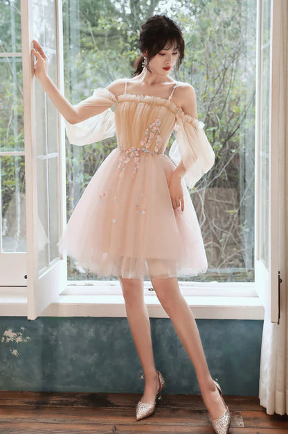 Pink Tulle Short A-Line Prom Dress Lovely Spaghetti Straps Homecoming Party Dress