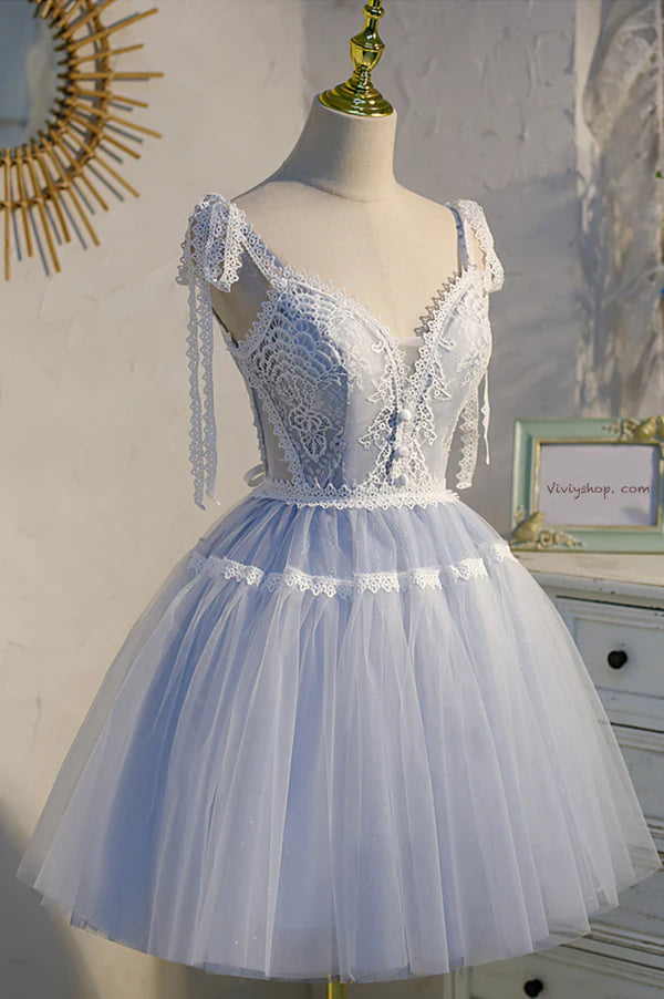 Blue Lace Short A-Line Prom Dress Cute V-Neck Homecoming Party Dress