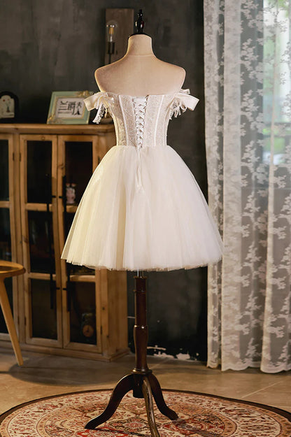 Champagne Tulle Short A-Line Prom Dress Off the Shoulder Evening Party Dress