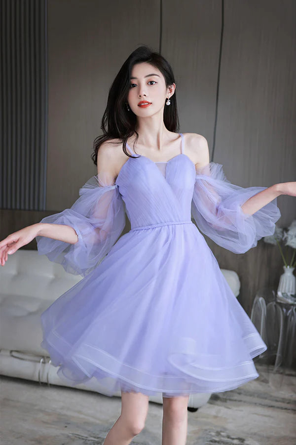 Purple Spaghetti Strap Tulle Short Prom Dress Cute Homecoming Party Dress