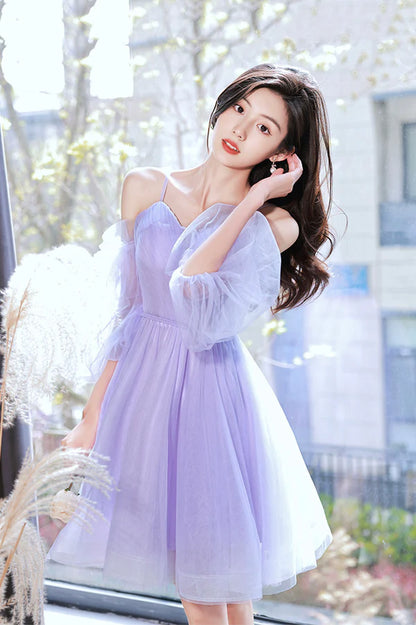 Purple Spaghetti Strap Tulle Short Prom Dress Cute Homecoming Party Dress