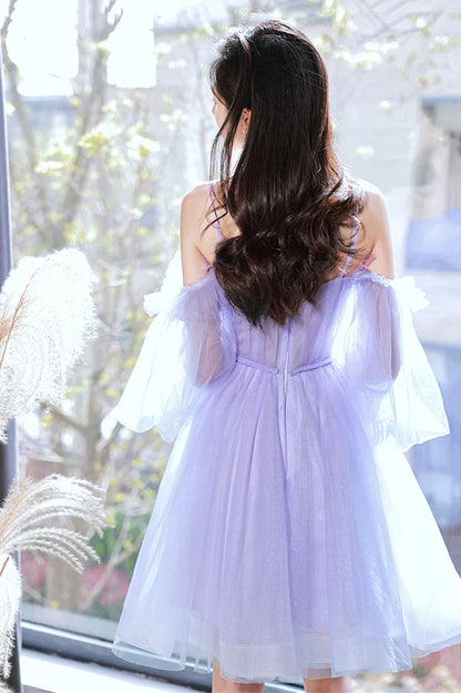 Purple Spaghetti Strap Tulle Short Prom Dress Cute Homecoming Party Dress