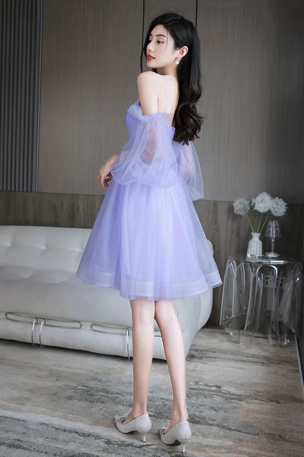 Purple Spaghetti Strap Tulle Short Prom Dress Cute Homecoming Party Dress