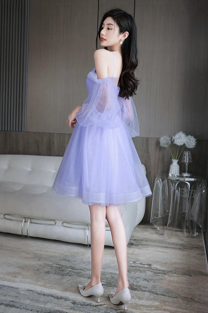 Purple Spaghetti Strap Tulle Short Prom Dress Cute Homecoming Party Dress