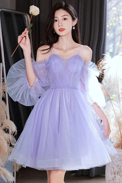 Purple Spaghetti Strap Tulle Short Prom Dress Cute Homecoming Party Dress