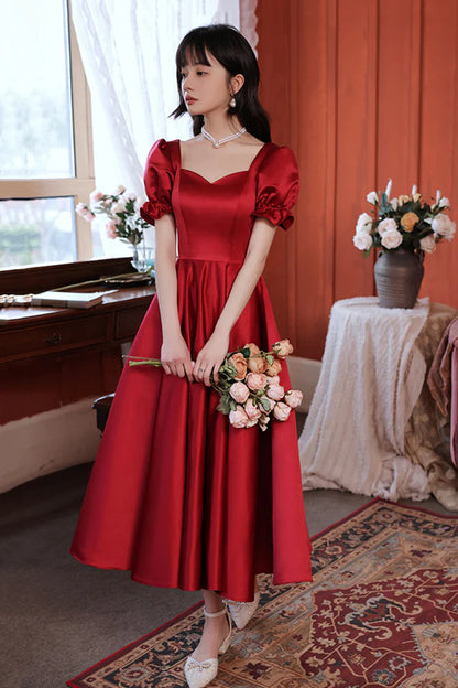 Burgundy Satin Short Prom Dress Cute A-Line Evening Party Dress