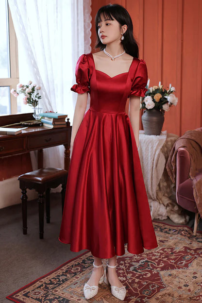 Burgundy Satin Short Prom Dress Cute A-Line Evening Party Dress