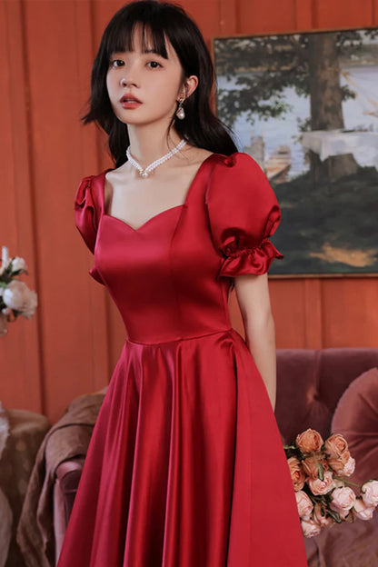 Burgundy Satin Short Prom Dress Cute A-Line Evening Party Dress