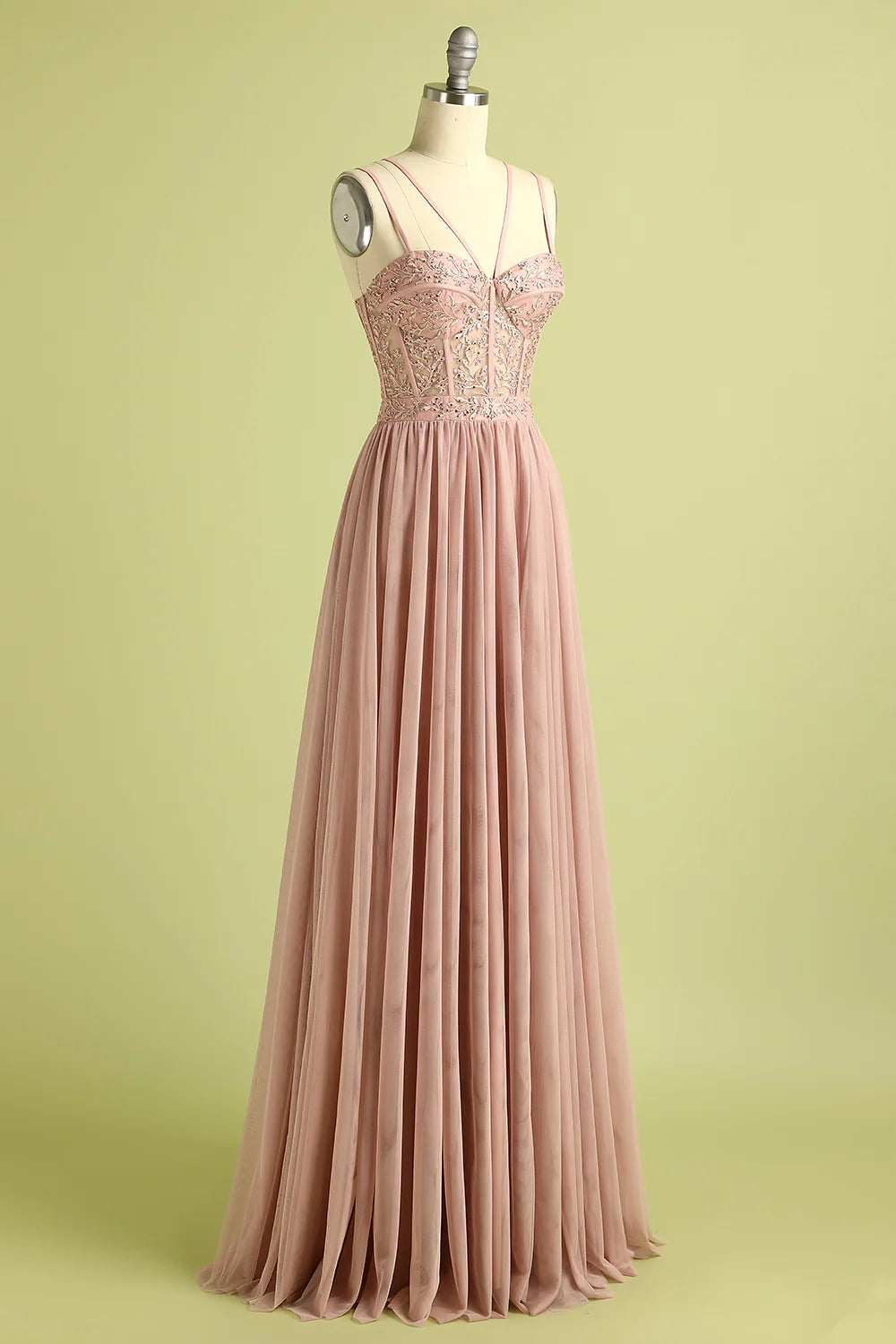 Pink Split Front Spaghetti Straps Prom Dress