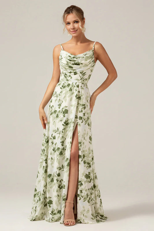 Beaira Green Printed A-Line Cowl Neck Long Bridesmaid Dress With Slit Bridesmaid dress shop