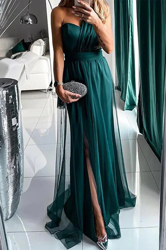 Beaira Sexy Prom Slit Mesh Sloping Shoulder Evening Dresses formal wear dresses - Ink Green