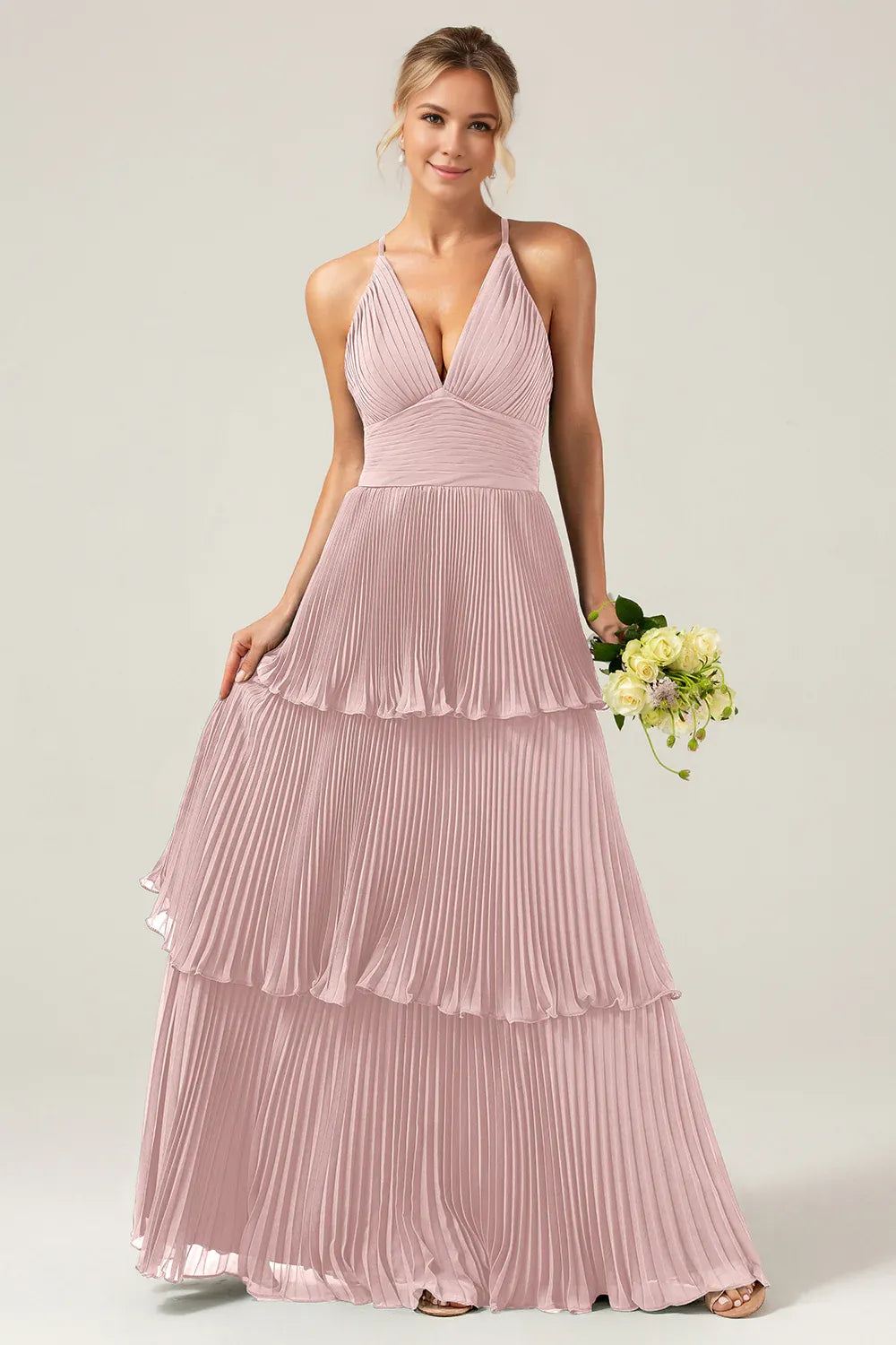 Beaira Dusty Rose A-Line Halter Tiered Floor Length Chiffon Long Bridesmaid Dress Bridesmaid dress shop