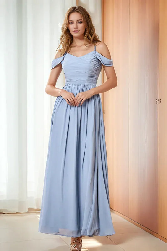 Beaira Elegant Off Shoulder Sleeveless Spaghetti Straps Ruched Prom Dress Open Back Ankle Length Chiffon evening gown