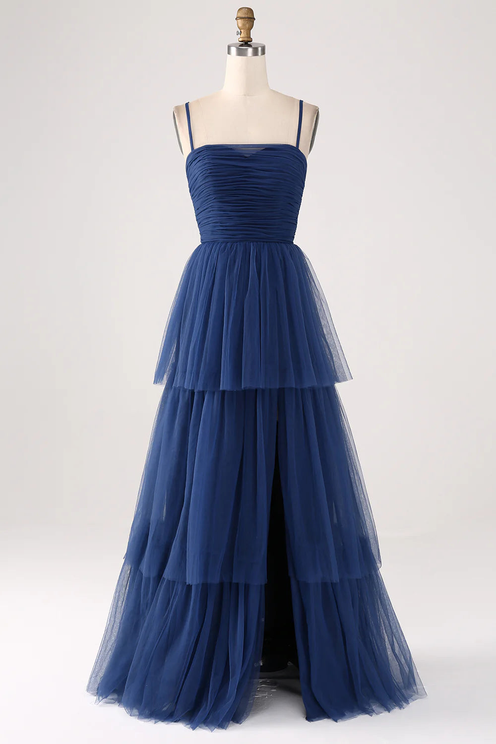 Beaira Navy A Line Spaghetti Straps Tulle Pleated Floor Length Bridesmaid Dress With Slit Bridesmaid dress shop