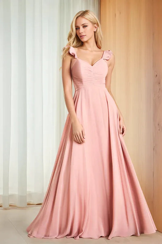 Beaira Chic & Modern A-Line Sweetheart Neck Spaghetti Straps leeveless Pleated Ruched Prom Dress Back Zipper Floor Length Chiffon evening gown