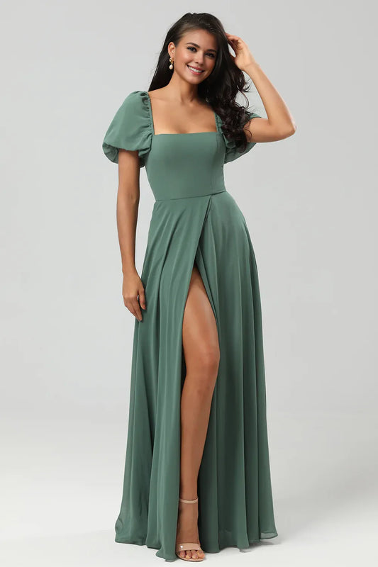 Beaira A Line Chiffon Puff Sleeves Eucalyptus Bridesmaid Dress With Slit Bridesmaid dress shop